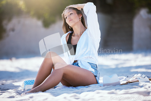 Image of Woman relax on beach, travel and summer vacation with tourism and adventure, calm outdoor with zen. Female person with peace, tropical holiday in Mexico and journey to seaside, sunbathing and rest