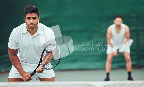 Image of Man, team and portrait on a tennis court for competition and wellness for health in india. Male athlete, racket and together for a game in the outdoor at a sports club for training with challenge.