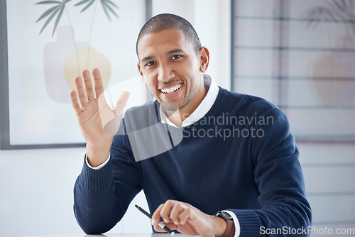 Image of Happy, portrait of businessman wave his hand and smile at his modern workstation office. Welcome greeting or happiness, health wellness and cheerful or excited man with emoji hands at his workplace