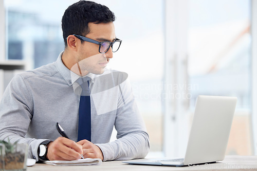 Image of Writing, laptop and business man, accountant or employee with finance, budget and analysis or career notebook. Journal, bookkeeping notes and person reading financial report on computer for reminder