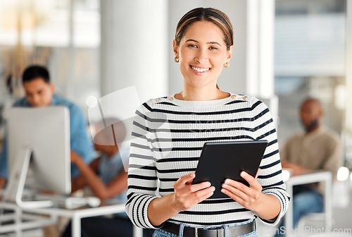 Image of Portrait, tablet and business woman, designer or creative in office workplace. Face, technology and female professional, entrepreneur or graphic design leader working on email, research or internet.