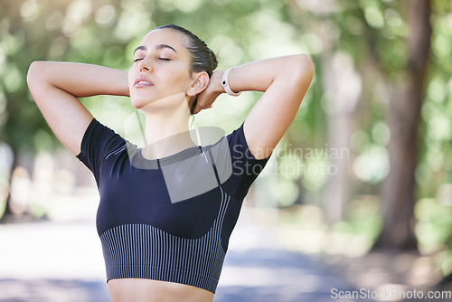 Image of Fitness, neck or tired woman stretching in nature in running exercise, cardio workout or training for wellness. Runner, breathing or girl with fatigue relaxing or resting on warm up break in park