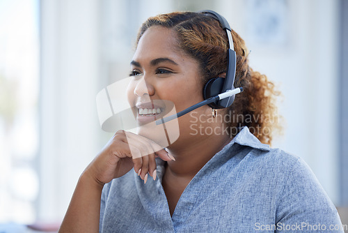 Image of Happy, call center and woman consulting for crm, faq or contact us in office with friendly service. Telemarketing, smile and female consultant online for customer support, virtual help or assistance