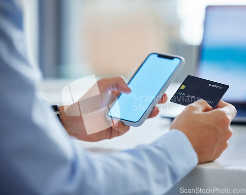 Image of Credit card, phone screen and business person hands for online shopping, financial payment and banking ux or ui mockup. Professional people typing numbers on mobile app, transaction space and fintech