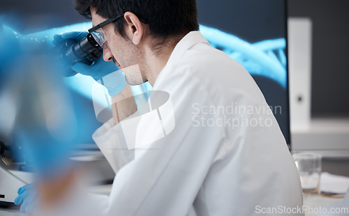 Image of Science, dna and microscope with man in laboratory for research, pharmacy and medical. Medicine, healthcare and study with scientist and focus in clinic on biotechnology, bacteria and future