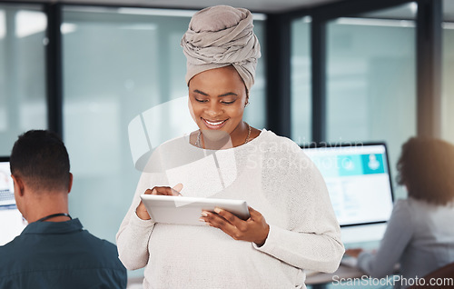 Image of Business, tablet and black woman, designer and creative working on project in office. Technology, smile and happy African graphic design professional with email, research or internet app for network.