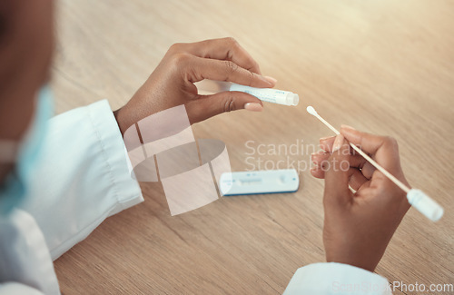 Image of Corona virus, close of hands of doctor with swab sample and at hospital. Healthcare or examination, medication or checkup and professional nurse or surgeon with covid 19 test at a clinic for wellness