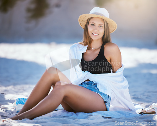 Image of Woman relax on beach, portrait and smile with travel, summer vacation with tourism and adventure. Female person is happy, tropical holiday in Mexico and journey to seaside with sunbathing and rest