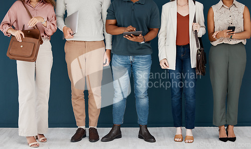 Image of Hiring, technology and business people in row for job interview, vacancy and career opportunity in office. Corporate, diversity and men and women candidates for hr meeting, recruitment and employment