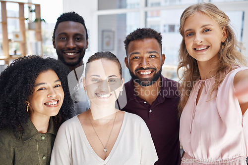Image of Business people, diversity and corporate friends in selfie, happy in portrait with team, solidarity and motivation. About us, professional group of men and women in the office with smile in picture
