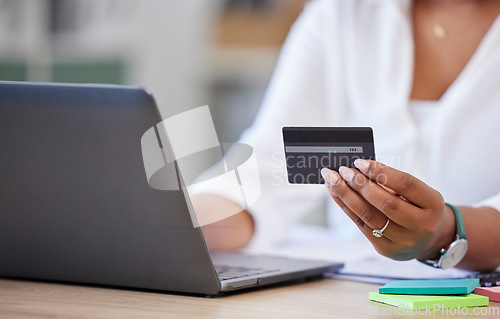 Image of Credit card, laptop and business woman hands for online shopping, financial payment and banking for creative career. Office person typing on computer for web registration, e commerce and fintech loan