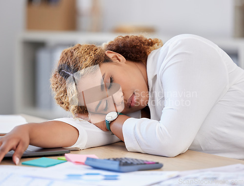 Image of Sleeping, business and woman tired, fatigue and professional with burnout, overworked and consultant. Female person, employee and agent at her desk, exhausted and nap on a break, relax and resting