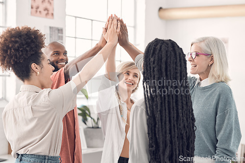 Image of Team work, high five and group of business people with support, goals and collaboration at start up. Happy coworking, workshop and trust, hands together with smile, employees with job cooperation.