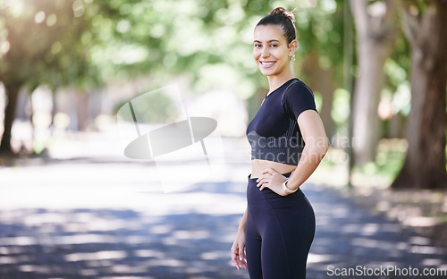 Image of Portrait, runner or happy woman ready for fitness workout or body movement while relaxing on break. Resting, tired sports athlete or healthy girl in exercise training with smile or confidence in park