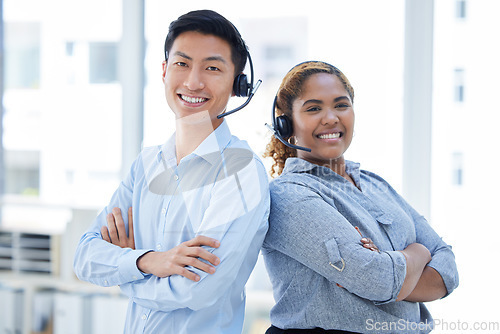 Image of Call center, arms crossed and teamwork with portrait of business people for consulting, customer service and help desk. Contact us, crm and communication with asian man and woman in office for advice