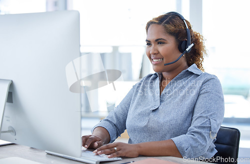 Image of Smile, call center and Indian woman on computer consulting for crm, faq or contact us in office. Happy, telemarketing and female consultant online for customer service, help or virtual assistance