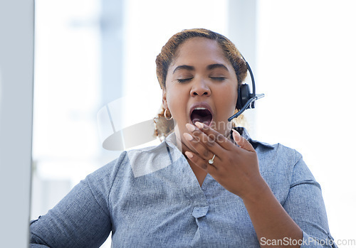 Image of Call center, yawn and tired woman in office for telemarketing, crm or contact us, exhausted and sleepy. Burnout, yawning and female consultant suffering from fatigue while working in customer service