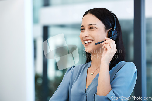 Image of Happy woman, call center and headphones for consulting in customer service, support or telemarketing at office. Friendly female person, consultant or agent with smile and headset for online advice