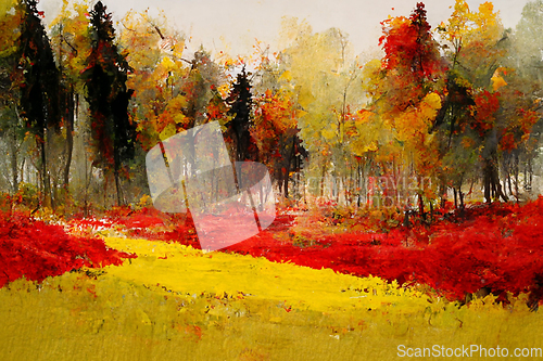 Image of Autumn forest landscape. Colorful watercolor painting of fall se