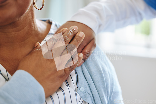 Image of Elderly woman, nurse and holding hands for support, healthcare or empathy at nursing home. Senior patient and caregiver together for trust, homecare and counseling or help for health in retirement