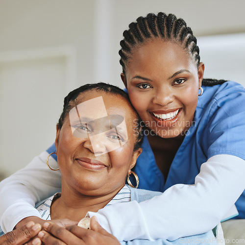 Image of Senior patient, nurse woman and hug portrait for support, healthcare and happiness at retirement home. Face of black person and caregiver together for elderly care and help for health and wellness