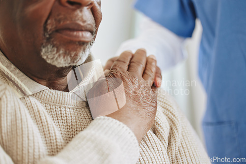 Image of Senior patient, nurse and holding hands for help, healthcare or empathy at nursing home. Elderly man and caregiver together for trust, homecare and counseling or support for health in retirement