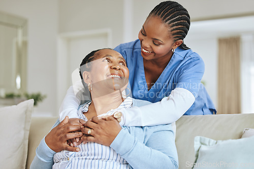 Image of Senior woman, nurse and hug for support, kindness and happiness in a retirement home. Elderly patient and black female caregiver together for trust, elderly care and help for health and wellness