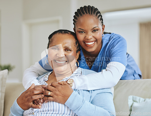 Image of Nurse woman, senior patient and hug portrait for support, healthcare and happiness at retirement home. Face of black person and caregiver together for trust, homecare and help with health insurance