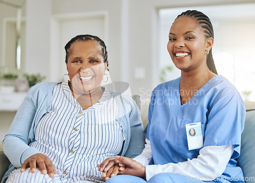 Image of Senior woman, nurse and holding hands portrait for support, healthcare and happiness at retirement home. Elderly black person and caregiver together for trust, elderly care and help with homecare