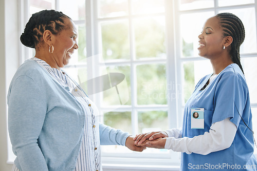 Image of Senior patient, woman nurse and holding hands for support, healthcare and kindness at retirement home. Black person and caregiver together for trust, elderly care and help for health and wellness