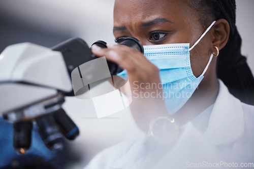 Image of Medical, analysis and microscope for woman scientist in laboratory for research, experiment and innovation. Healthcare, investigation and lady health expert with lab equipment for future development