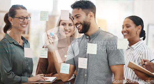 Image of Meeting, planning and a business man writing on glass with his team for strategy or brainstorming in the office. Collaboration, coaching and leadership with a male employee teaching his colleagues