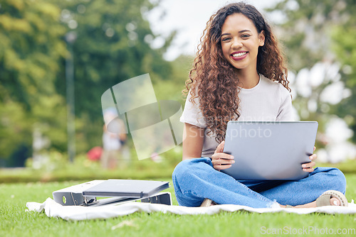 Image of Study, laptop and portrait of woman in park for education, relax and college research. Elearning, university and scholarship with student on grass lawn for technology, school report and online exam