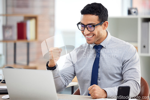 Image of Winning, laptop and business man with success, yes and cheers for bonus, investment and startup profit or news. Winner, professional employee or person with fist, celebration and reading on computer