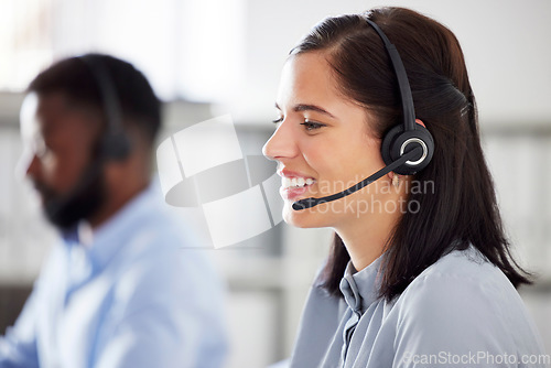 Image of Woman, face and headset, callcenter and contact us with customer service agent in workplace with smile. CRM, phone call and tech support with telecom, female consultant for help desk and mockup space