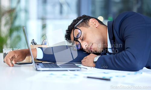 Image of Tired, sleeping and business man in office with stress, burnout and low energy. Sleep, fatigue and male employee exhausted after challenge, problem and lazy crisis, overworked and sick in workplace.