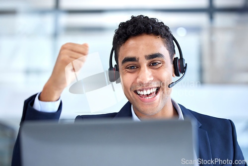 Image of Call center, success or man in telemarketing talking in customer service celebration in working on computer screen. Happy agent, businessman and consulting operator cheers on crm and sales support