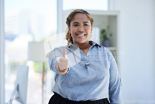 Image of Portrait, thumbs up and happy business woman in office with winning, sign or thank you gesture. Face, smile and Indian female professional with hand emoji or vote for yes, like and satisfaction