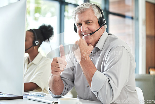 Image of Thumbs up, customer support and portrait of senior man for online help, thank you and telemarketing. Call center, hand sign and happy elderly male worker for contact us, crm service and consulting