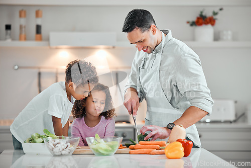 Image of Cooking, help and meal prep with family in kitchen for health, nutrition and food. Diet, support and dinner with man and children cutting vegetables at home for wellness, organic salad and learning