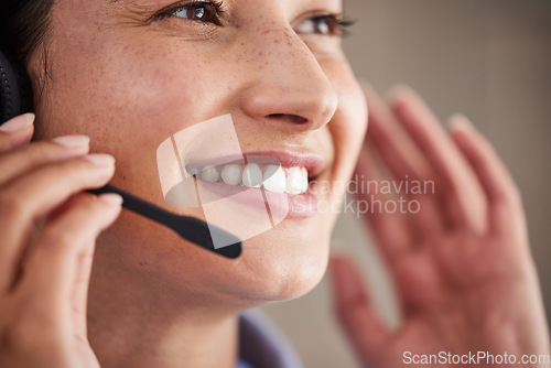 Image of Closeup, call center and woman with telemarketing, consultant and customer service with headphones. Female person, employee and agent with headset, tech support and advice with help and communication