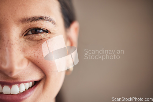 Image of Portrait, closeup and woman with mockup, white teeth and smile against a studio background. Face, female person and girl with happiness, oral hygiene and dental care with wellness, zoom and health