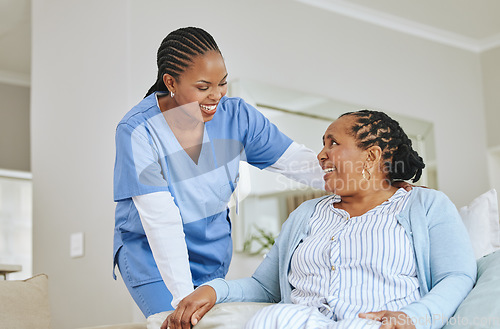 Image of Nurse woman, senior patient and talking for support, healthcare and happiness at retirement home. Black person and happy caregiver together for trust, elderly care and help for health and wellness