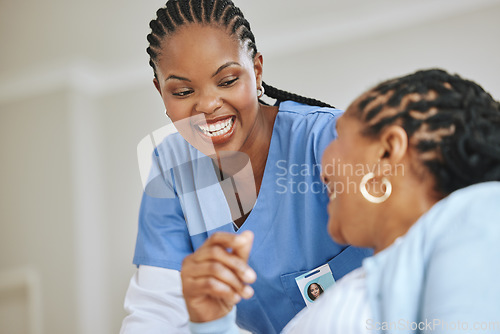 Image of Senior patient, laughing and woman nurse together for support, healthcare and happiness. Black person and happy caregiver in retirement home for trust, elderly care and help for health and wellness