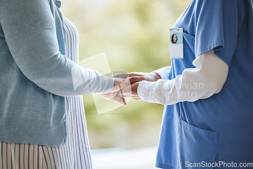 Image of Woman patient, nurse and holding hands for support, healthcare and kindness at nursing home. Senior person and caregiver together for trust, elderly care and help in retirement with kind empathy