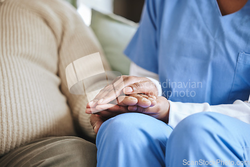 Image of Man, nurse and holding hands for support, healthcare and kindness at nursing home. Patient, caregiver service and closeup woman together for trust, homecare and help or hope for empathy in retirement