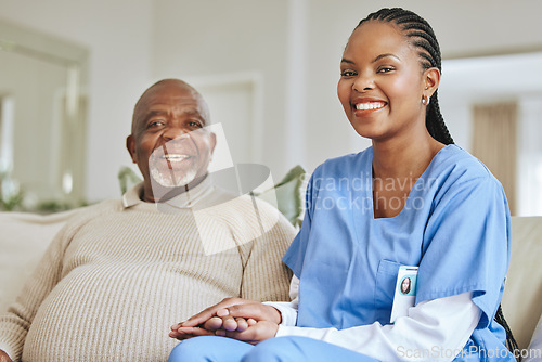 Image of Senior man, nurse and holding hands with a smile for support, healthcare and happiness at retirement home. Portrait of patient and black woman or caregiver together for trust, elderly care and help
