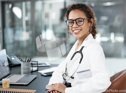 Image of Woman in portrait, doctor and smile with medicine, healthcare and cardiology surgeon in office. Happy female medical professional, hospital consulting and positive face with glasses at clinic