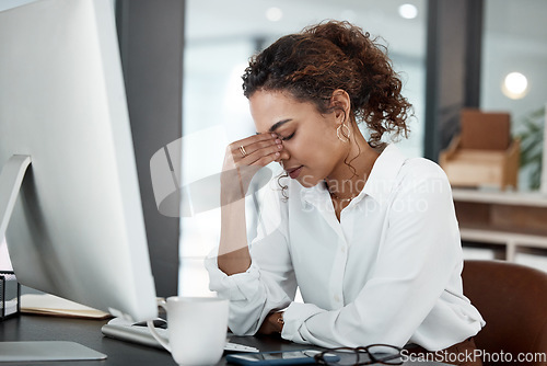 Image of Business woman with headache, stress and mental health with professional crisis, pain and fatigue at office. Problem in workplace, fail and female employee is frustrated with migraine and burnout