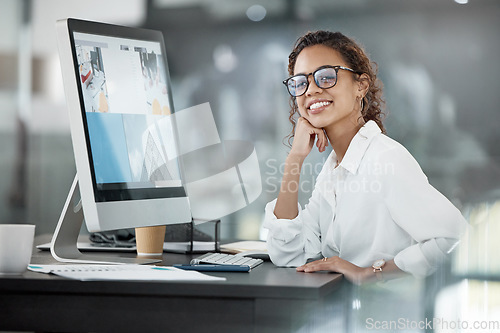 Image of Happy woman at desk, computer screen with web design, portrait and website layout at digital marketing agency. Female creative with smile, working with technology and SEO with research at startup